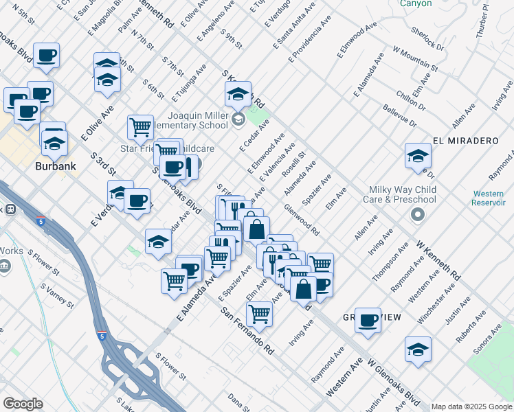 map of restaurants, bars, coffee shops, grocery stores, and more near 526 East Valencia Avenue in Burbank