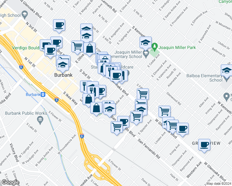 map of restaurants, bars, coffee shops, grocery stores, and more near 337 East Providencia Avenue in Burbank
