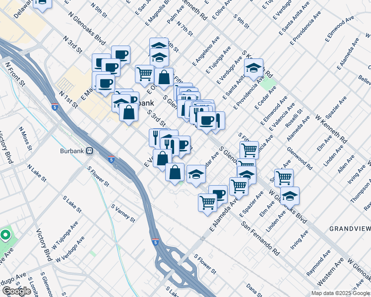 map of restaurants, bars, coffee shops, grocery stores, and more near 276 East Santa Anita Avenue in Burbank