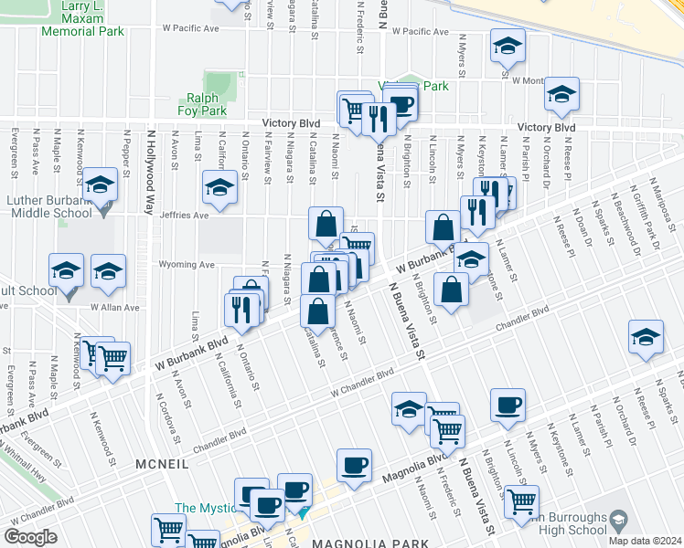 map of restaurants, bars, coffee shops, grocery stores, and more near 1222 North Frederic Street in Burbank