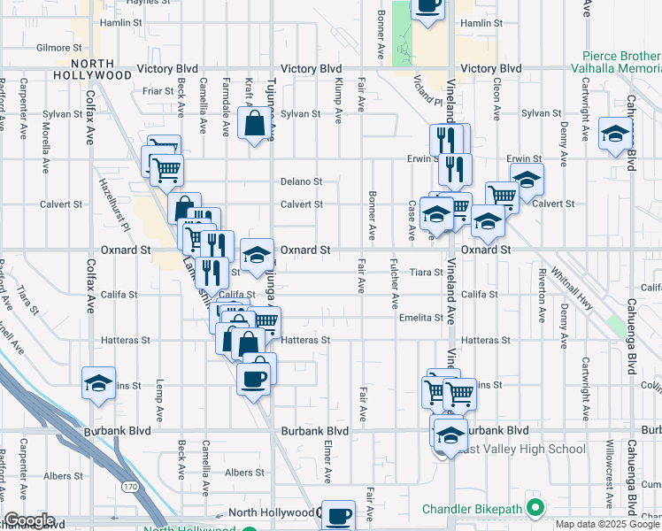 map of restaurants, bars, coffee shops, grocery stores, and more near 11222 Oxnard Street in Los Angeles