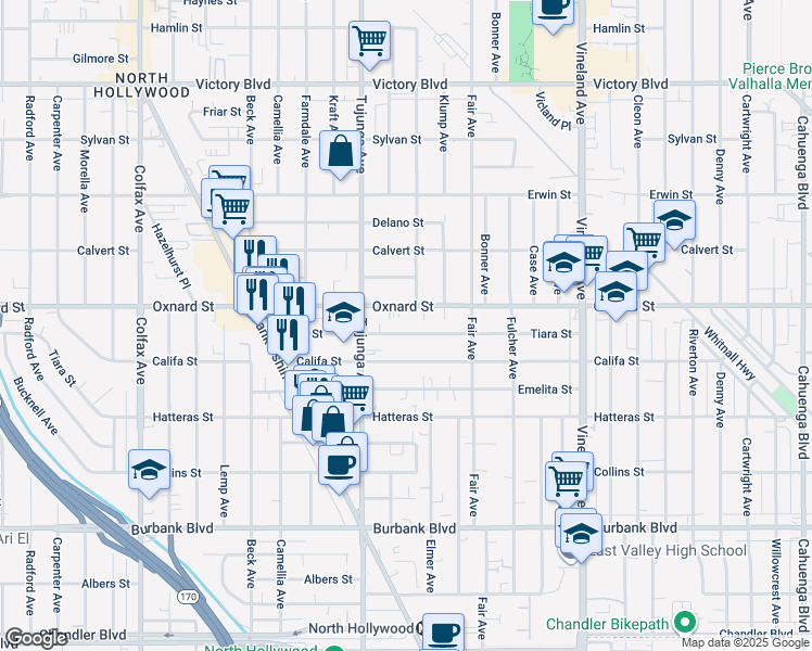 map of restaurants, bars, coffee shops, grocery stores, and more near 11304 Oxnard Street in Los Angeles