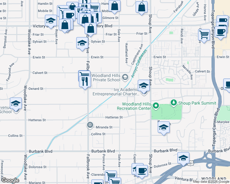 map of restaurants, bars, coffee shops, grocery stores, and more near 22636 West Oxnard Street in Los Angeles