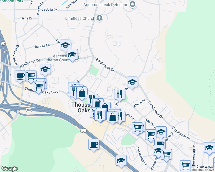 map of restaurants, bars, coffee shops, grocery stores, and more near 2193 Los Feliz Drive in Thousand Oaks