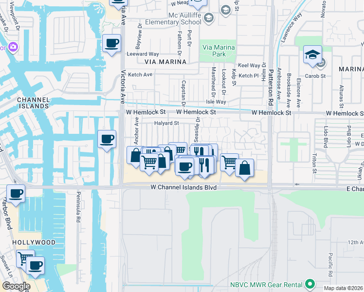 map of restaurants, bars, coffee shops, grocery stores, and more near 2573 Rudder Avenue in Port Hueneme