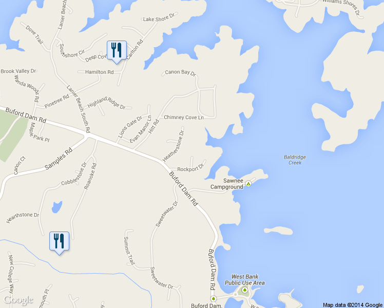 map of restaurants, bars, coffee shops, grocery stores, and more near 3206 Rockport Court in Cumming