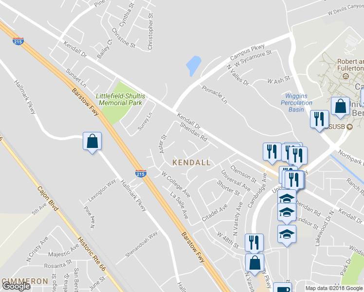 map of restaurants, bars, coffee shops, grocery stores, and more near 2344 Hyacinth Street in San Bernardino