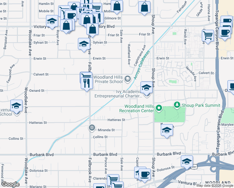 map of restaurants, bars, coffee shops, grocery stores, and more near 22636 West Oxnard Street in Los Angeles