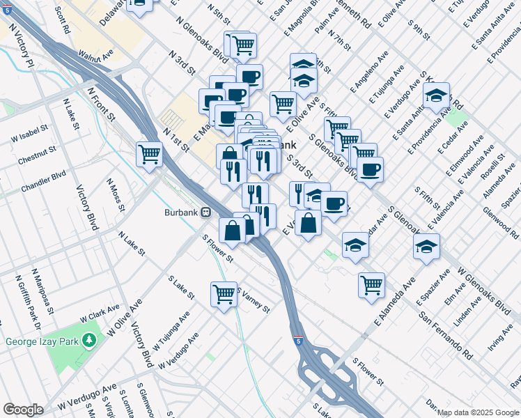 map of restaurants, bars, coffee shops, grocery stores, and more near 150 East Angeleno Avenue in Burbank