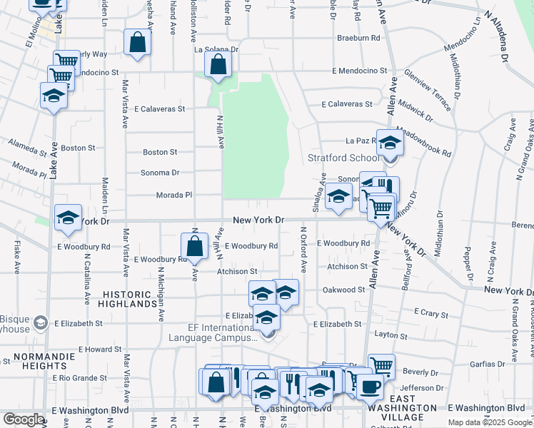 map of restaurants, bars, coffee shops, grocery stores, and more near 1539 New York Drive in Altadena