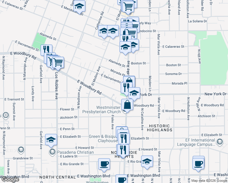 map of restaurants, bars, coffee shops, grocery stores, and more near 820 New York Drive in Altadena