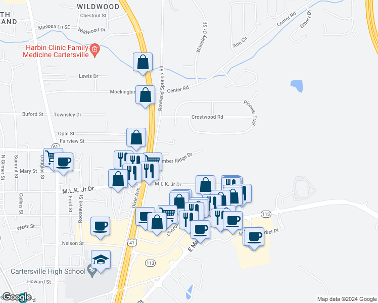 map of restaurants, bars, coffee shops, grocery stores, and more near 83 Timber Ridge Drive in Cartersville