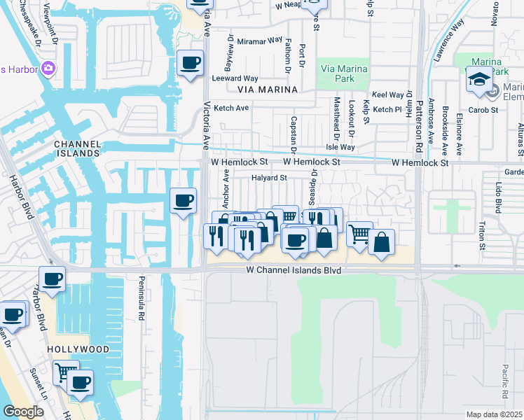 map of restaurants, bars, coffee shops, grocery stores, and more near 2556 Spinnaker Avenue in Port Hueneme