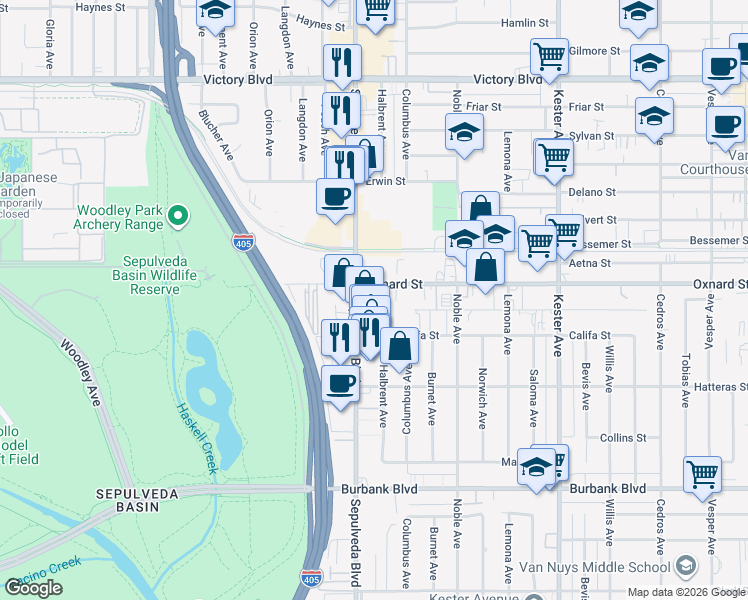 map of restaurants, bars, coffee shops, grocery stores, and more near 5990 Sepulveda Boulevard in Los Angeles