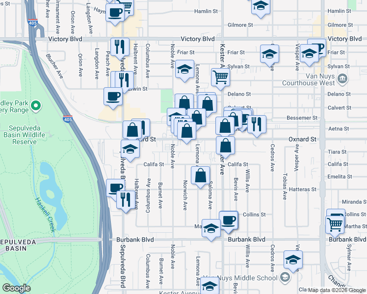 map of restaurants, bars, coffee shops, grocery stores, and more near 15040 Oxnard Street in Los Angeles