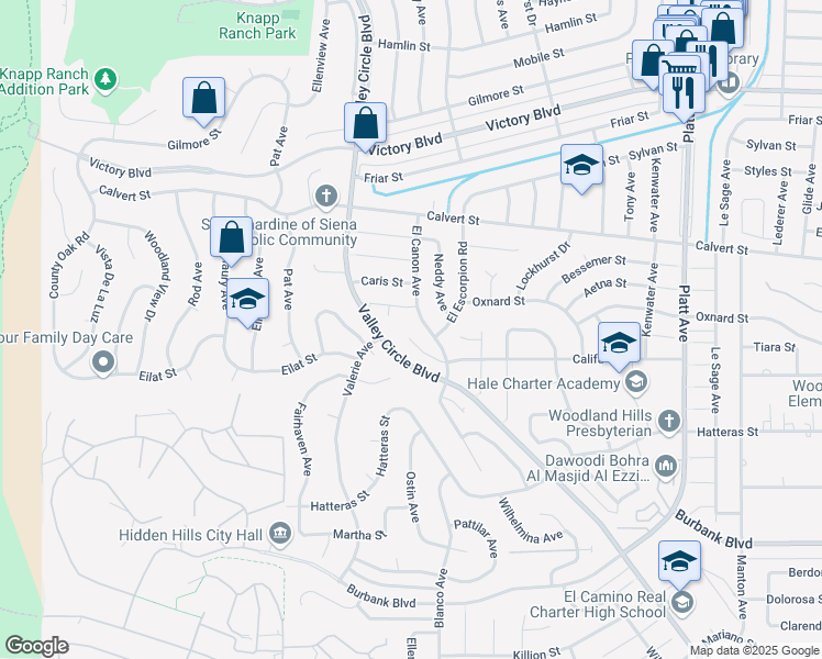 map of restaurants, bars, coffee shops, grocery stores, and more near 24153 Califa Street in Los Angeles