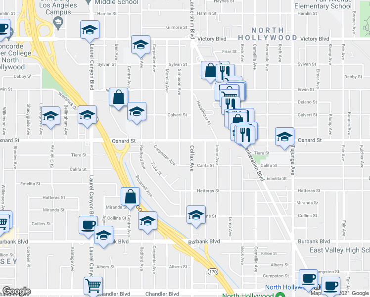 map of restaurants, bars, coffee shops, grocery stores, and more near 5940 Simpson Avenue in Los Angeles