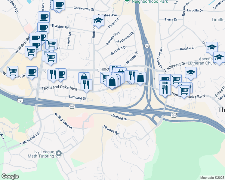 map of restaurants, bars, coffee shops, grocery stores, and more near 666 Thousand Oaks Boulevard in Thousand Oaks