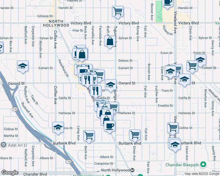 map of restaurants, bars, coffee shops, grocery stores, and more near 11421 Tiara Street in Los Angeles