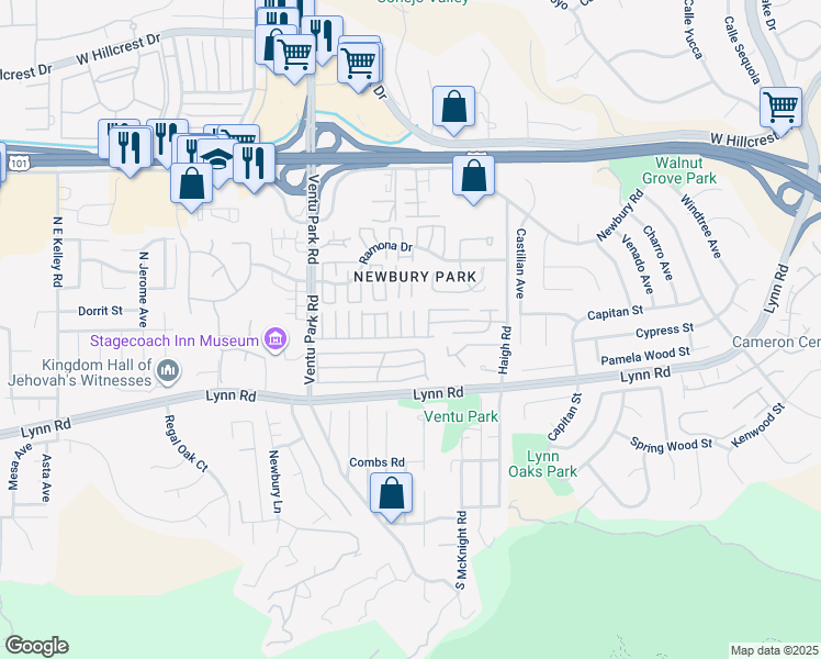 map of restaurants, bars, coffee shops, grocery stores, and more near 37 Pringle Court in Thousand Oaks