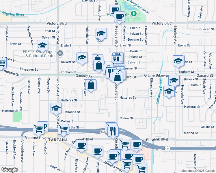map of restaurants, bars, coffee shops, grocery stores, and more near 5973 Reseda Boulevard in Los Angeles