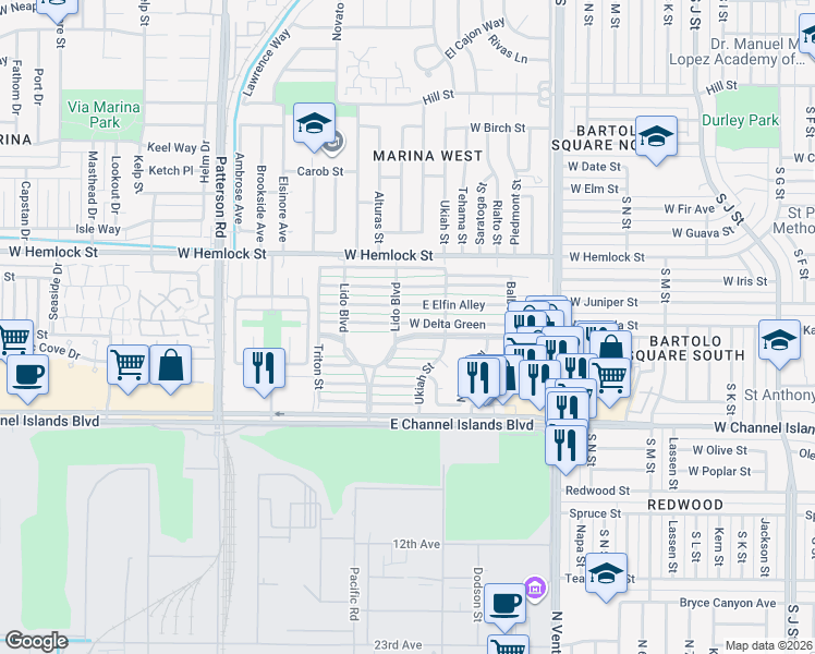map of restaurants, bars, coffee shops, grocery stores, and more near 111 East Bay Boulevard in Port Hueneme