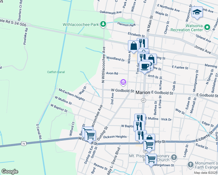 map of restaurants, bars, coffee shops, grocery stores, and more near 410 West Godbold Street in Marion