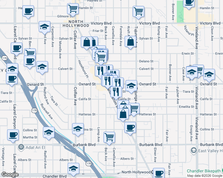 map of restaurants, bars, coffee shops, grocery stores, and more near in Los Angeles