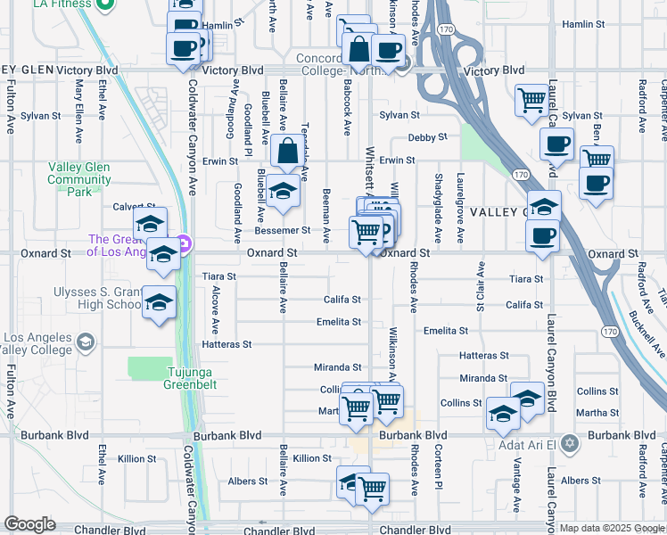 map of restaurants, bars, coffee shops, grocery stores, and more near 5944 Beeman Avenue in Valley Village