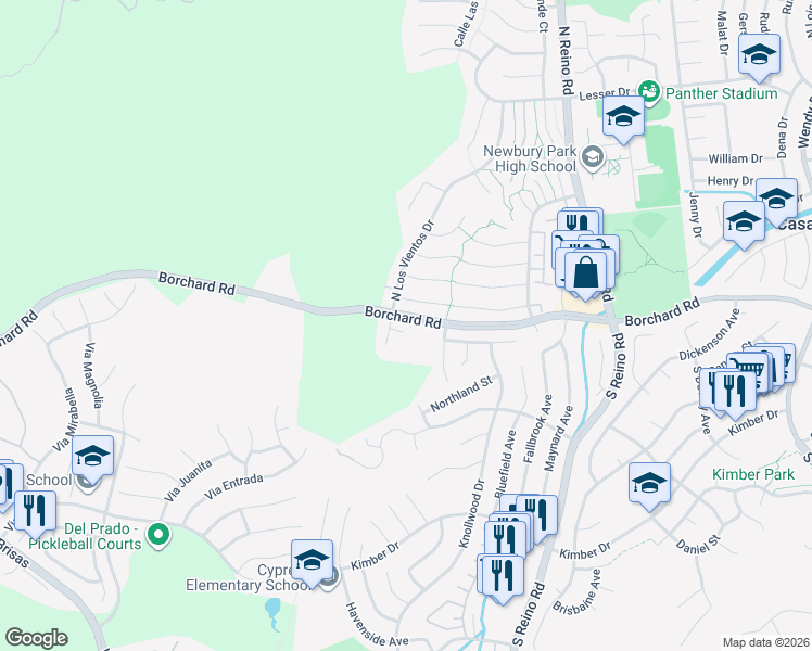 map of restaurants, bars, coffee shops, grocery stores, and more near 4011 San Luis Street in Thousand Oaks