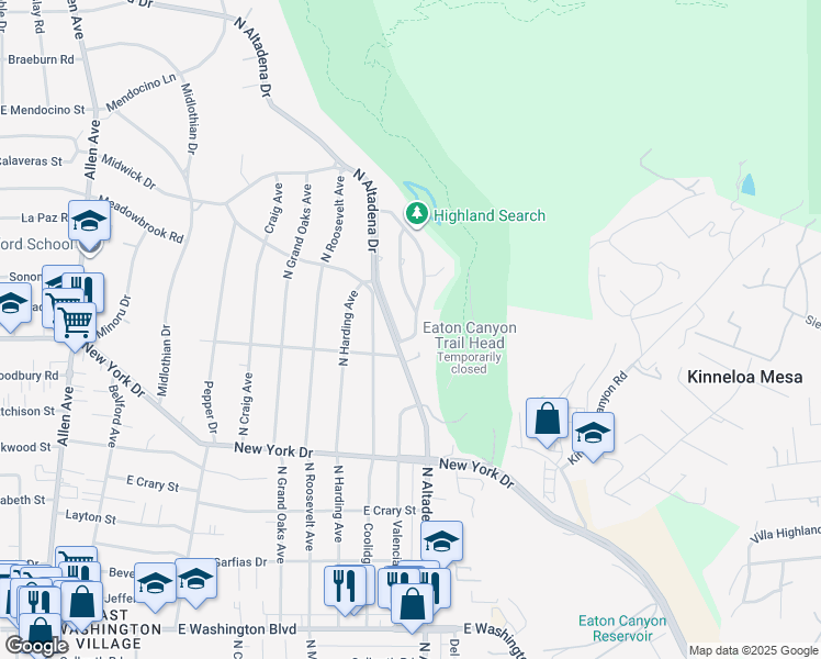 map of restaurants, bars, coffee shops, grocery stores, and more near 1915 Canyon Close Road in Pasadena