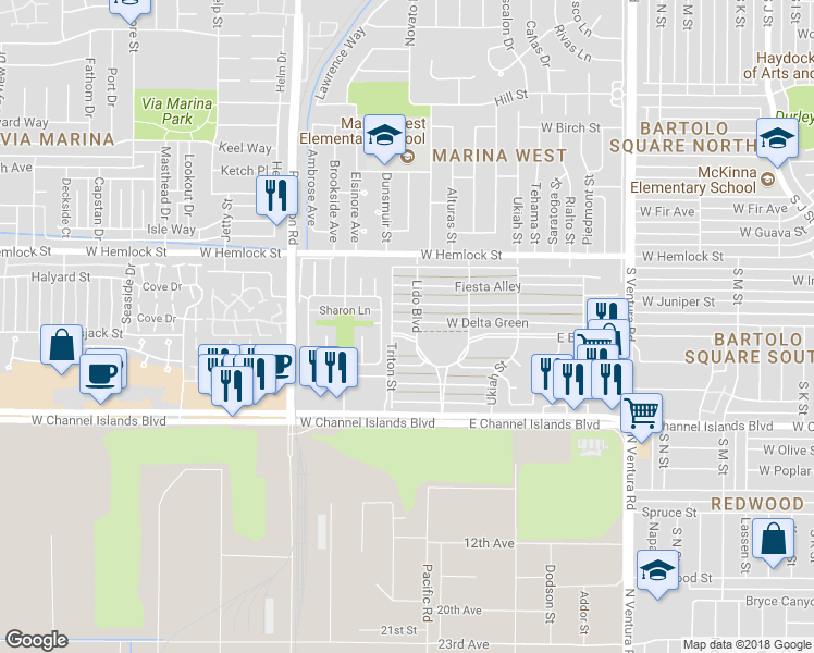 map of restaurants, bars, coffee shops, grocery stores, and more near 161 West Bay Boulevard in Port Hueneme