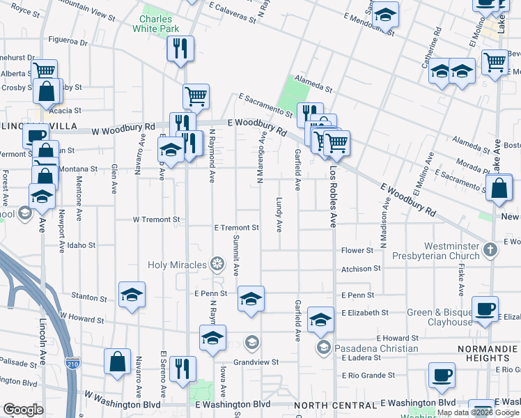 map of restaurants, bars, coffee shops, grocery stores, and more near 1915 North Marengo Avenue in Pasadena