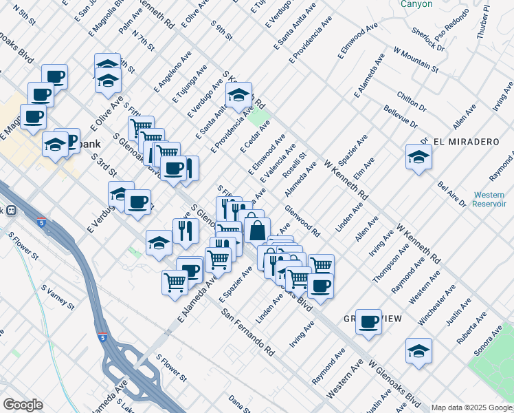 map of restaurants, bars, coffee shops, grocery stores, and more near 526 East Valencia Avenue in Burbank