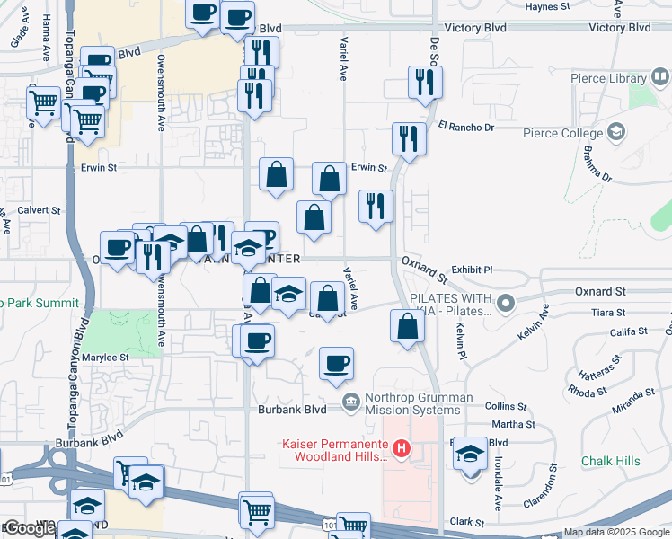 map of restaurants, bars, coffee shops, grocery stores, and more near 5957 Variel Avenue in Los Angeles