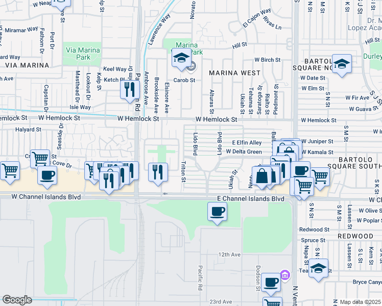 map of restaurants, bars, coffee shops, grocery stores, and more near 161 West Bay Boulevard in Port Hueneme