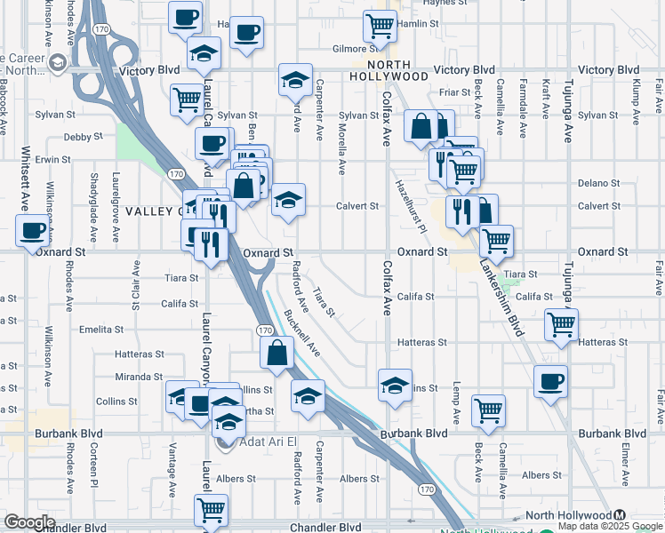 map of restaurants, bars, coffee shops, grocery stores, and more near 5962 Carpenter Avenue in Los Angeles