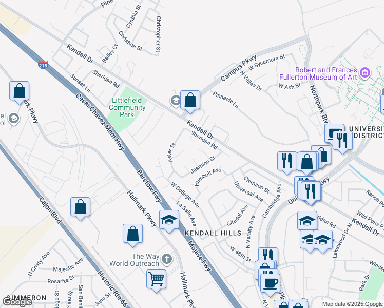 map of restaurants, bars, coffee shops, grocery stores, and more near 2344 Hyacinth Street in San Bernardino