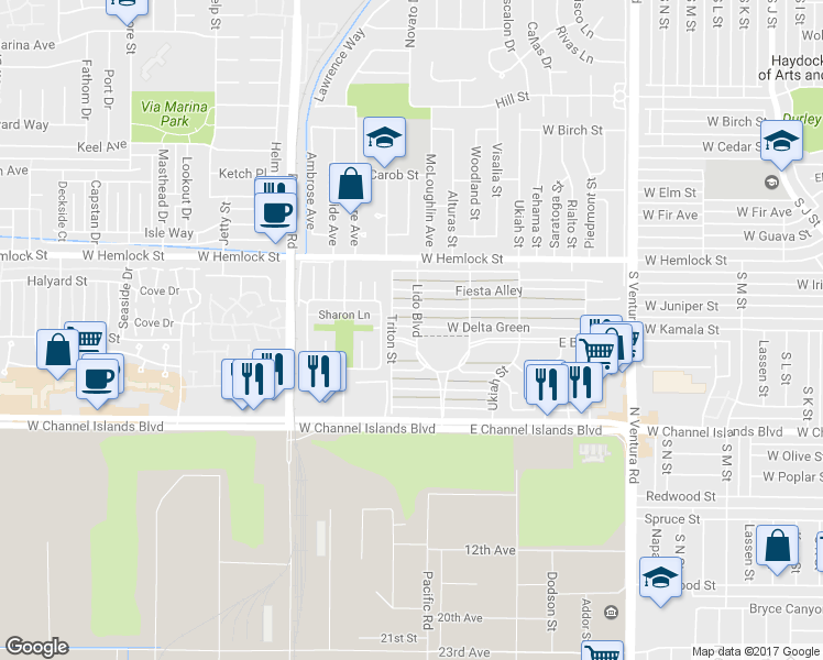 map of restaurants, bars, coffee shops, grocery stores, and more near 151 West Bay Boulevard in Port Hueneme