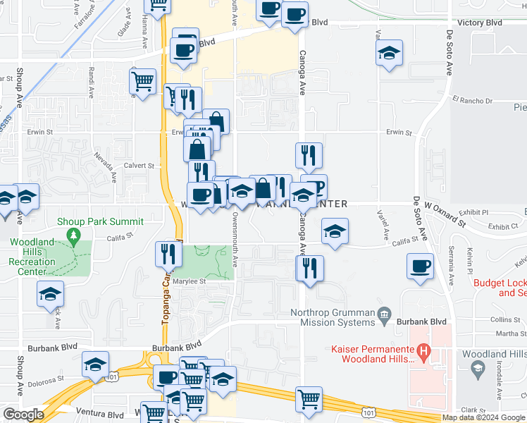 map of restaurants, bars, coffee shops, grocery stores, and more near 21550 Oxnard Street in Los Angeles