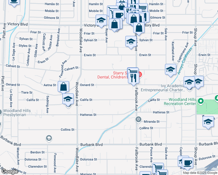 map of restaurants, bars, coffee shops, grocery stores, and more near 22952 West Oxnard Street in Los Angeles