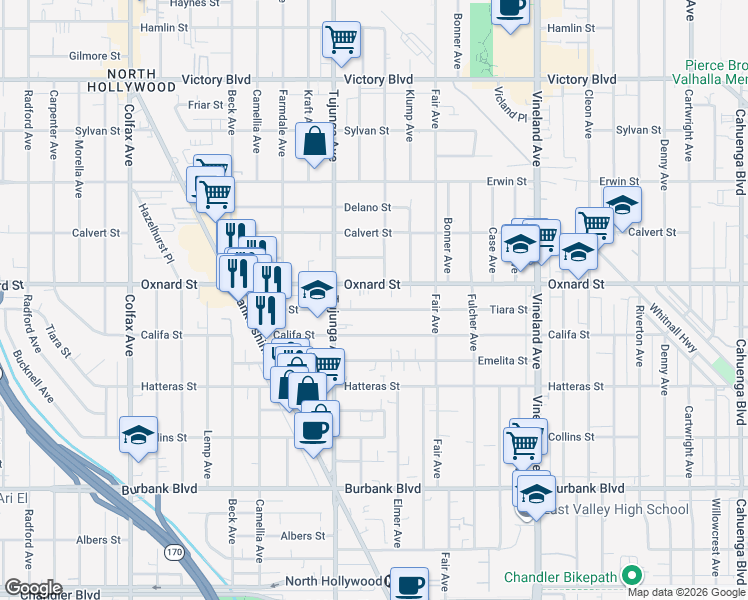 map of restaurants, bars, coffee shops, grocery stores, and more near 11304 Oxnard Street in Los Angeles