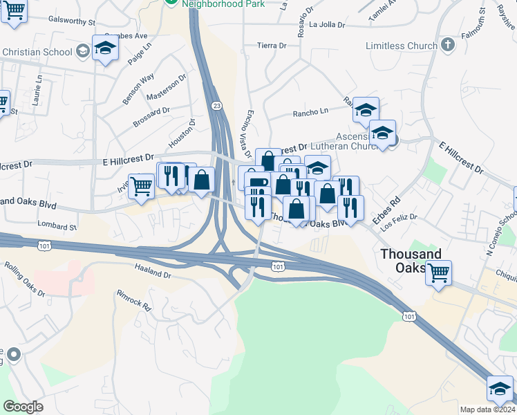 map of restaurants, bars, coffee shops, grocery stores, and more near 1398 Thousand Oaks Boulevard in Thousand Oaks