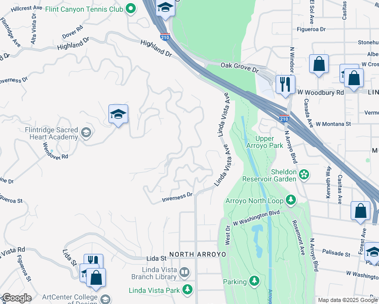 map of restaurants, bars, coffee shops, grocery stores, and more near 1897 Braemar Road in Pasadena