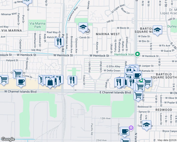 map of restaurants, bars, coffee shops, grocery stores, and more near 151 West Bay Boulevard in Port Hueneme
