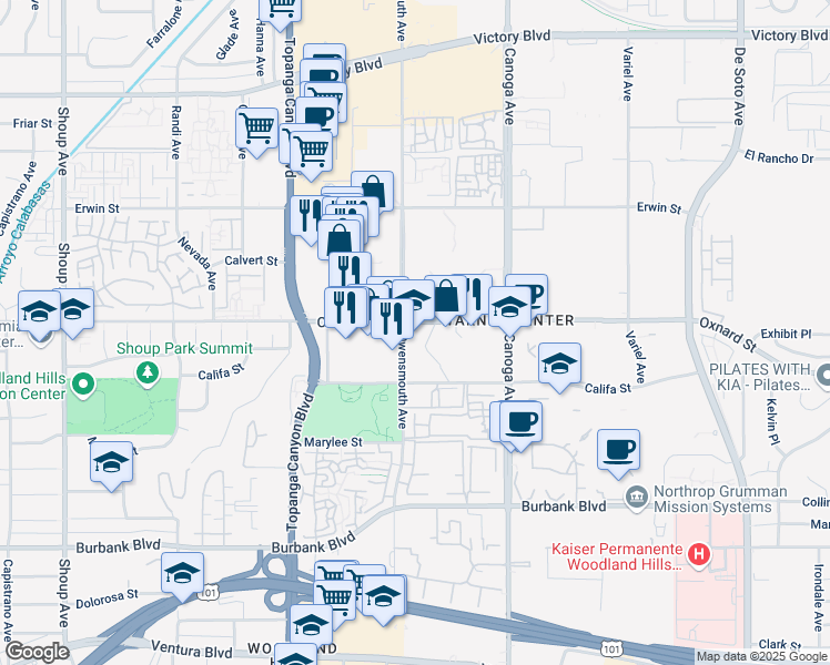 map of restaurants, bars, coffee shops, grocery stores, and more near 21600 West Oxnard Street in Los Angeles