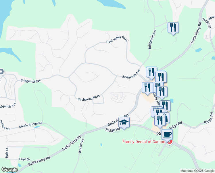map of restaurants, bars, coffee shops, grocery stores, and more near 112 Birchwood Pass in Canton