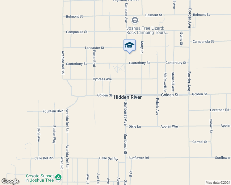 map of restaurants, bars, coffee shops, grocery stores, and more near 62044 Golden Street in Joshua Tree