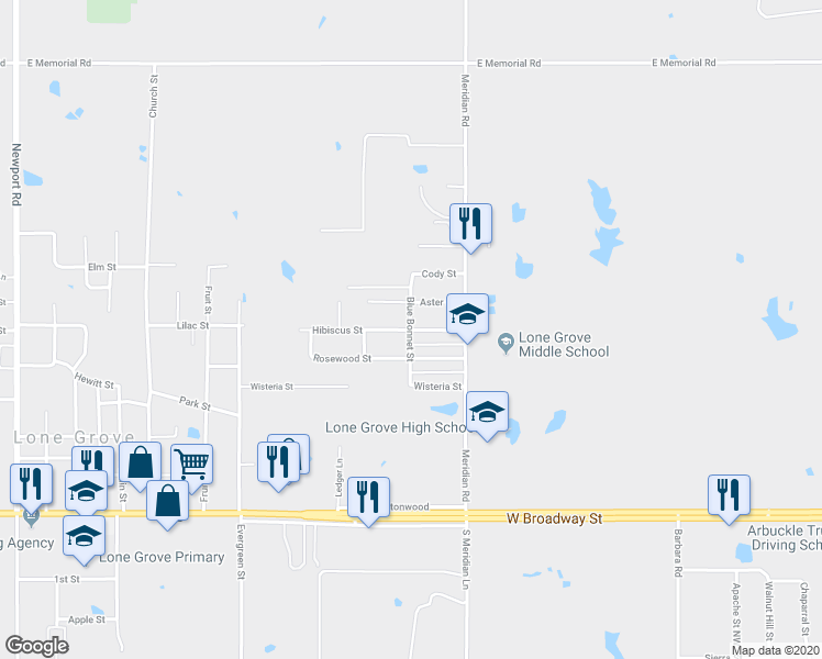 map of restaurants, bars, coffee shops, grocery stores, and more near 126 Laurel Street in Lone Grove