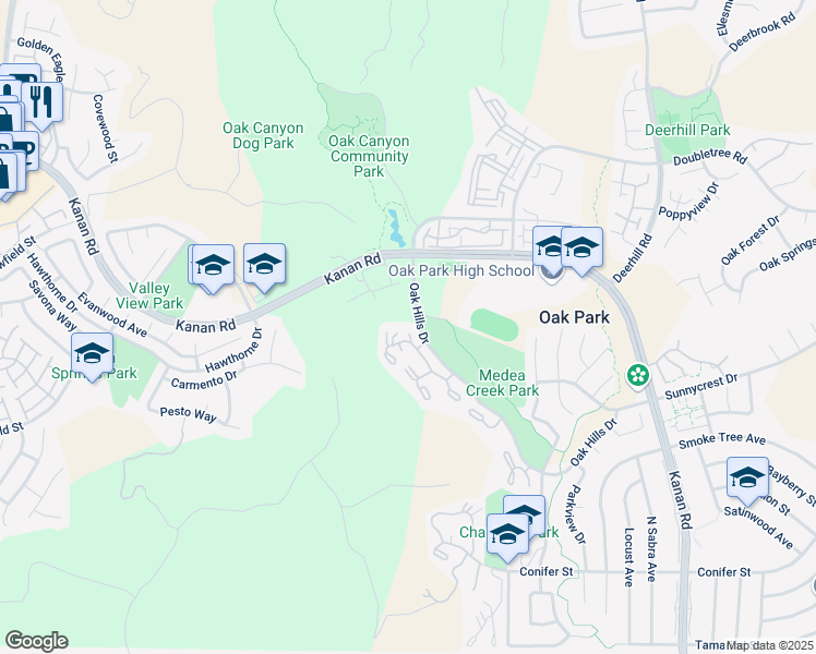 map of restaurants, bars, coffee shops, grocery stores, and more near 656 Campo Verde Court in Oak Park